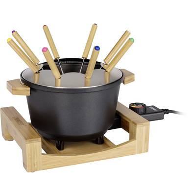 A black electric fondue set on a wooden stand with eight bamboo forks, each marked with a coloured dot.