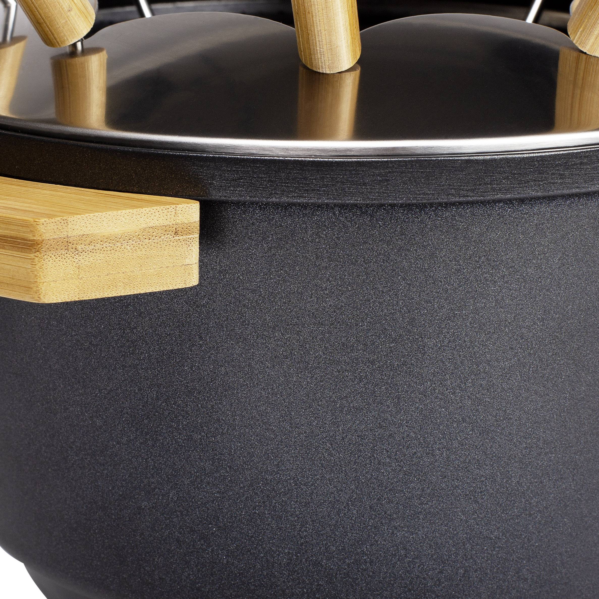A grey pot with wooden handles and a matching lid. The pot is shown in profile and has a smooth surface.