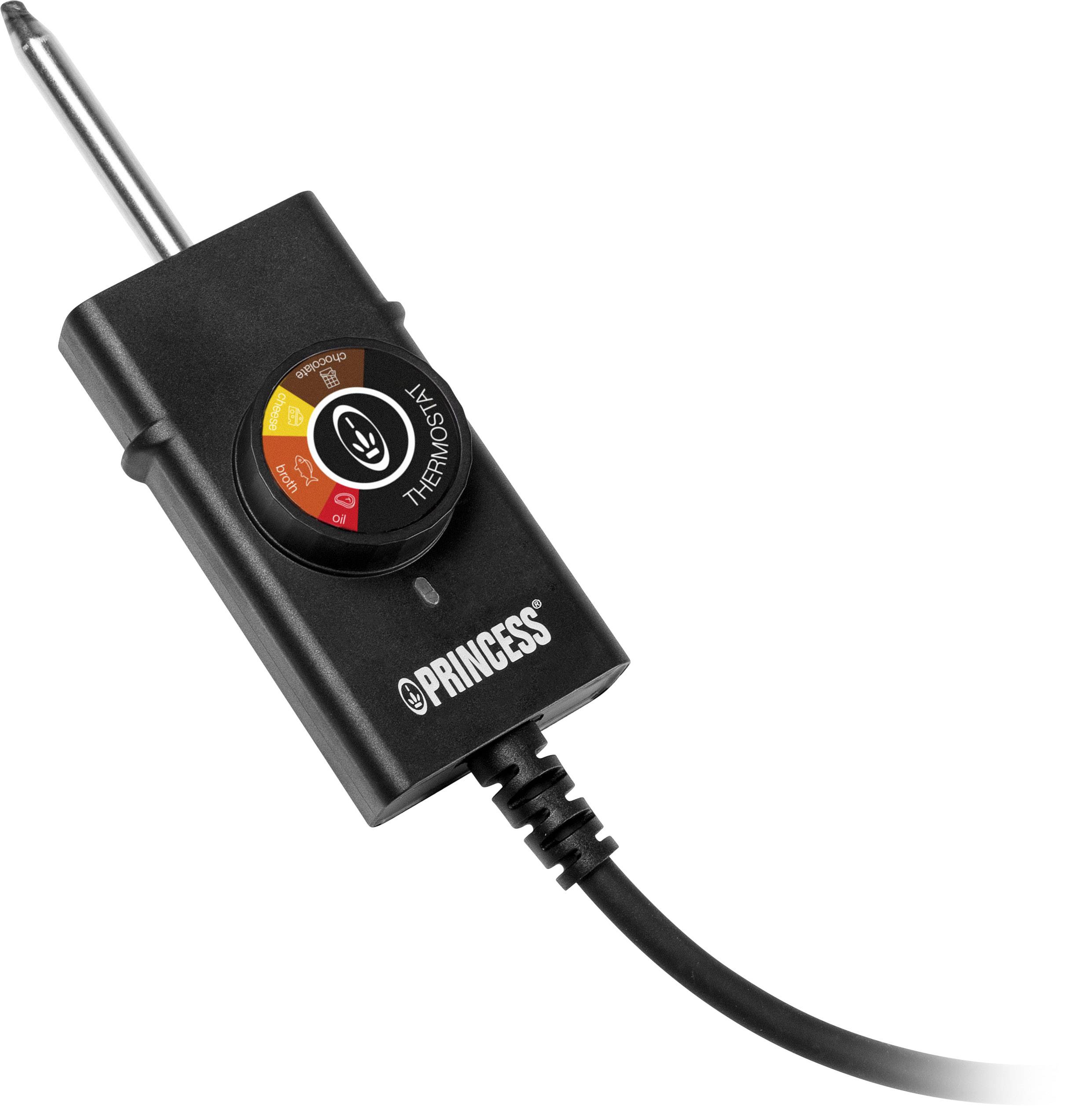 'Black thermostat with temperature control by Princess, showing various temperature levels, connected with a cable.'