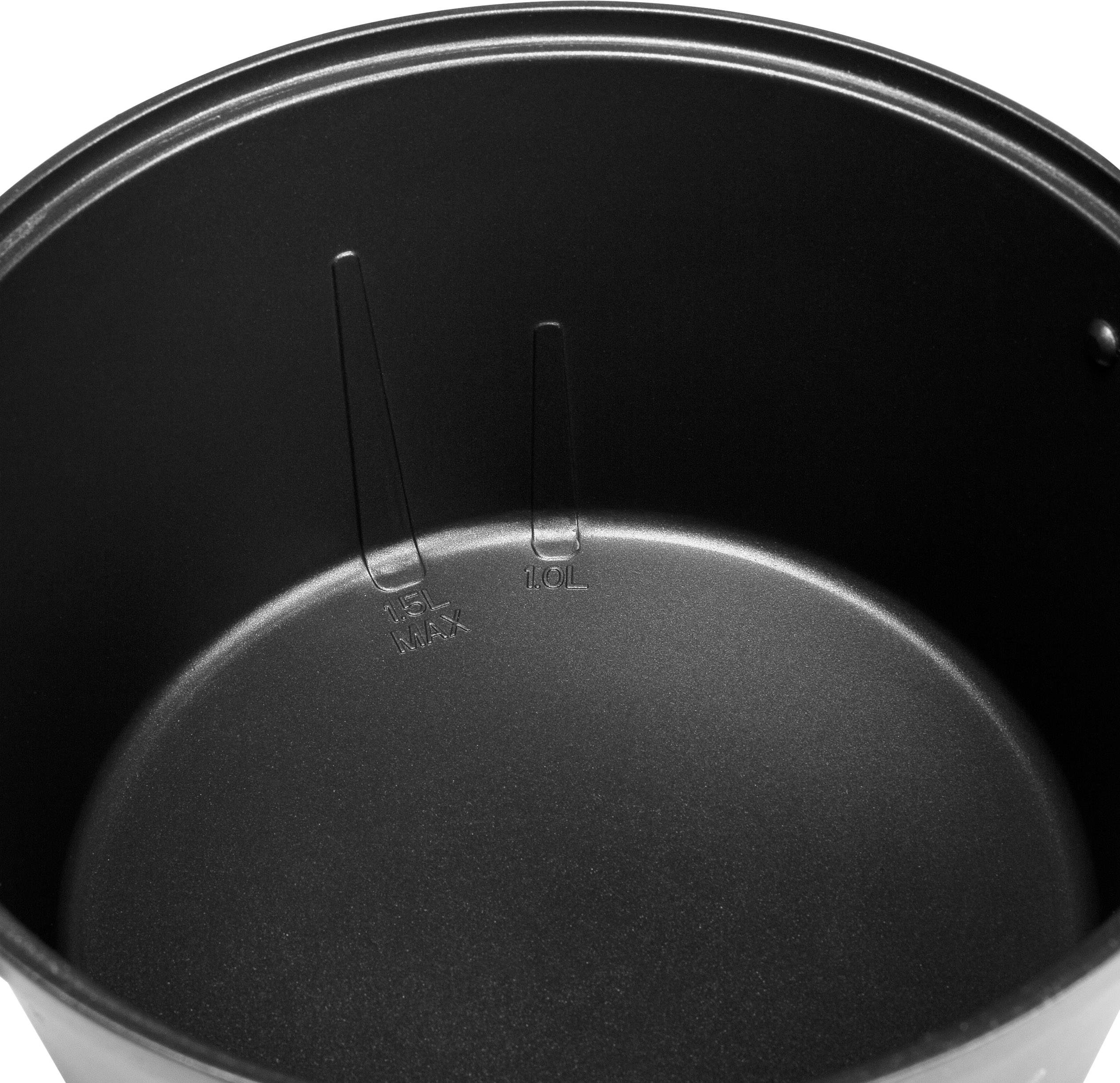 Black pot with internal level indicator; shows minimum and maximum measurements. Ideal for precise cooking.