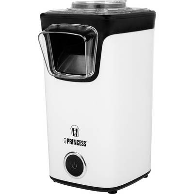 Electric popcorn machine in white with a black lid and transparent filling chute. Brand 'Princess'.