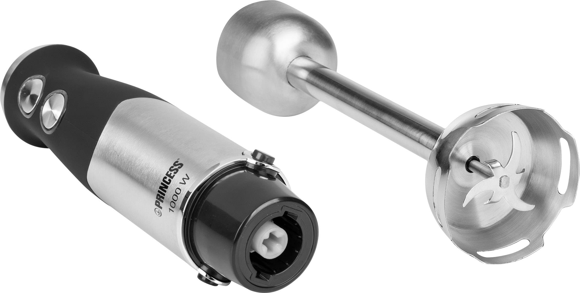 A silver and black hand blender lies on a white background. The removable stainless steel part reveals a sharp blade.