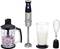 'Silver-black stick blender set with whisk, mixing jug with cream and chopper, which has chopped red onions.'