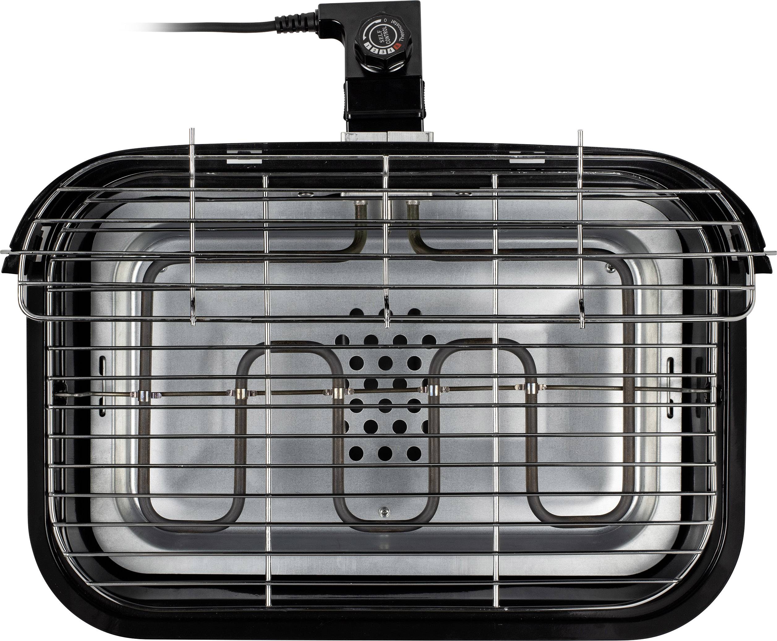 Electric table grill with metal grating and temperature control. Suitable for indoor grilling, compact rectangular design.