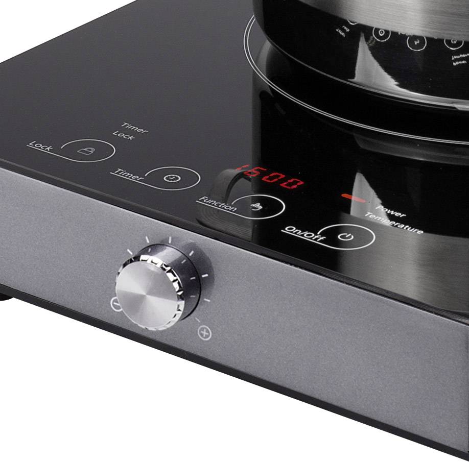 Black ceramic hob with a silver rotary knob and digital display showing '150'. A saucepan is placed on the left cooking zone.