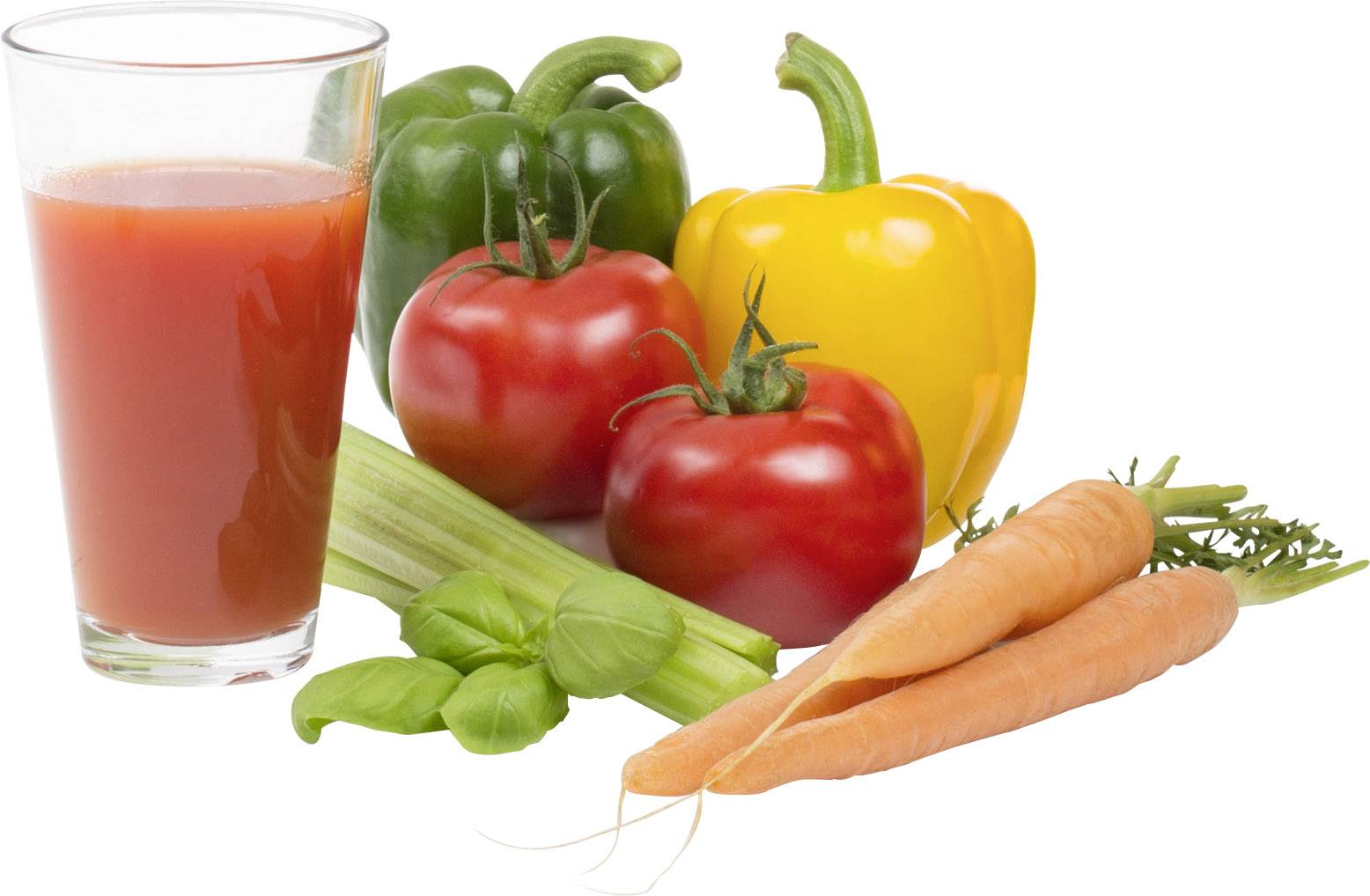 A glass of tomato juice beside fresh vegetables: green peppers, yellow peppers, two tomatoes, celery, basil leaves and carrots.