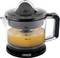 Electric citrus juicer with a transparent container and black handle. Printed measurement units indicate the orange juice level.