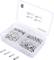 A plastic storage box with compartments, filled with various silver metal sleeves. A list on the box shows the measurements and quantities of the sleeves.