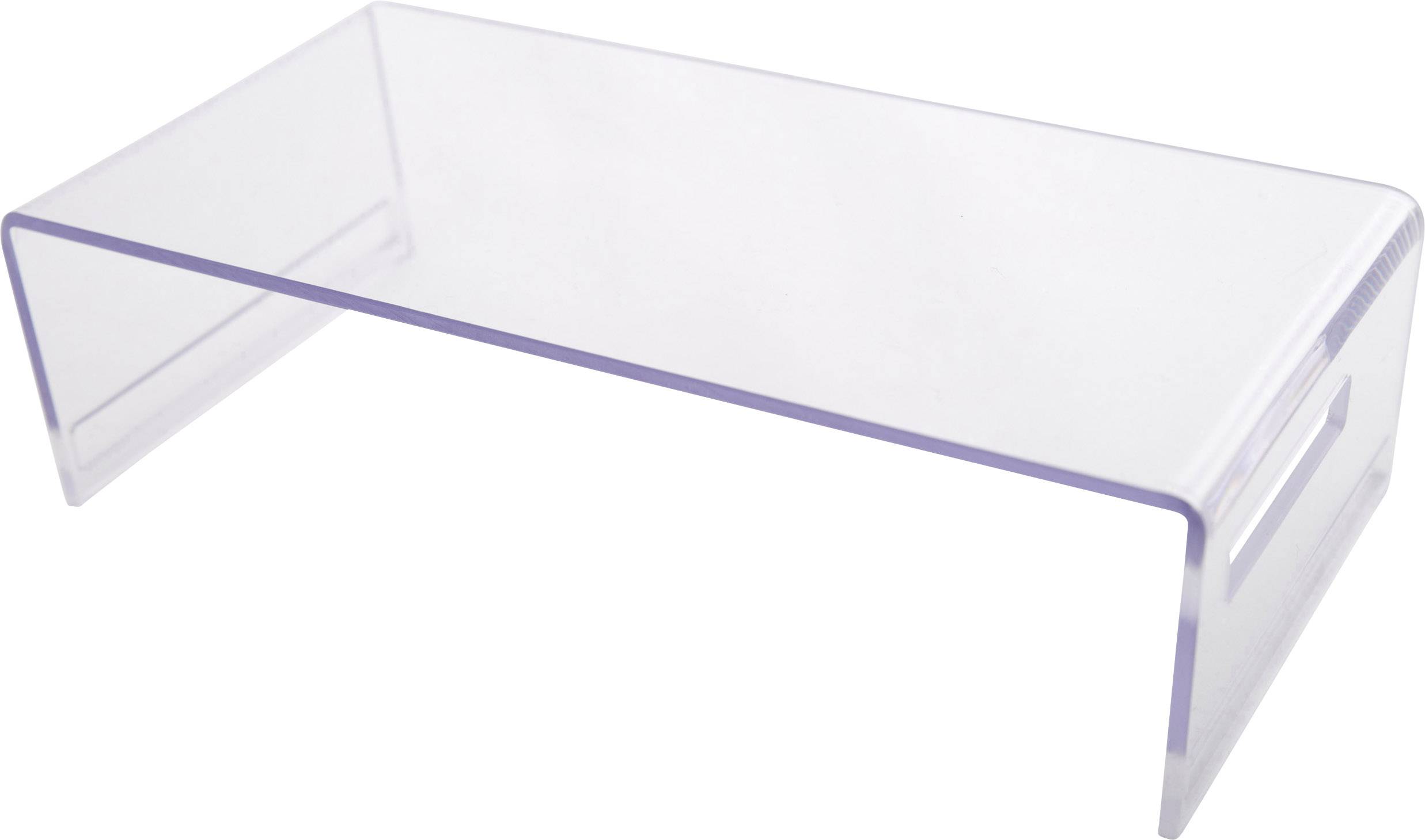 A transparent, rectangular acrylic monitor stand with curved corners, designed to elevate monitors on desks.