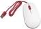 White computer mouse with a red scroll wheel and USB cable, on a white background.