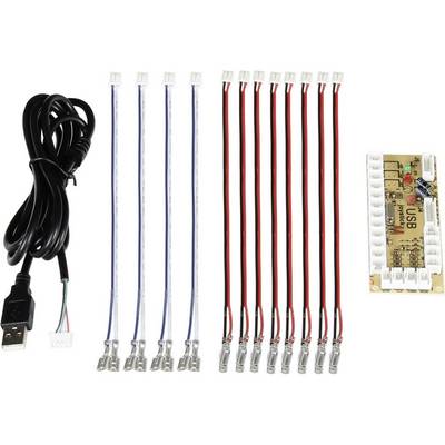Electronic kit with USB cable, four blue strips, eight red cables, and a circuit board.