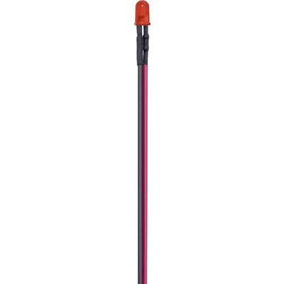 A red LED with long, thin metal legs that serve as electrical connections.