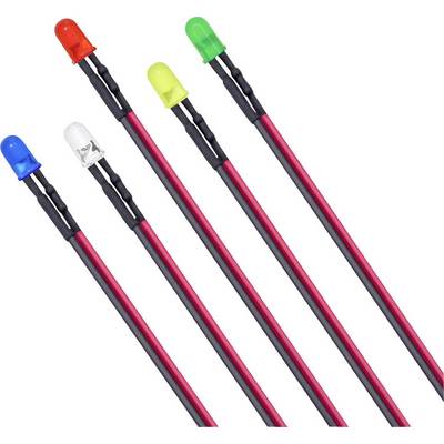 Five LEDs in different colours (red, yellow, green, blue, white), mounted side by side on black rods.
