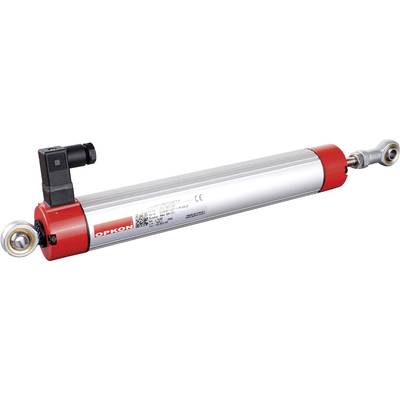 A linear displacement sensor with a red and silver housing, connection block, and ball joint at both ends, suitable for industrial applications.