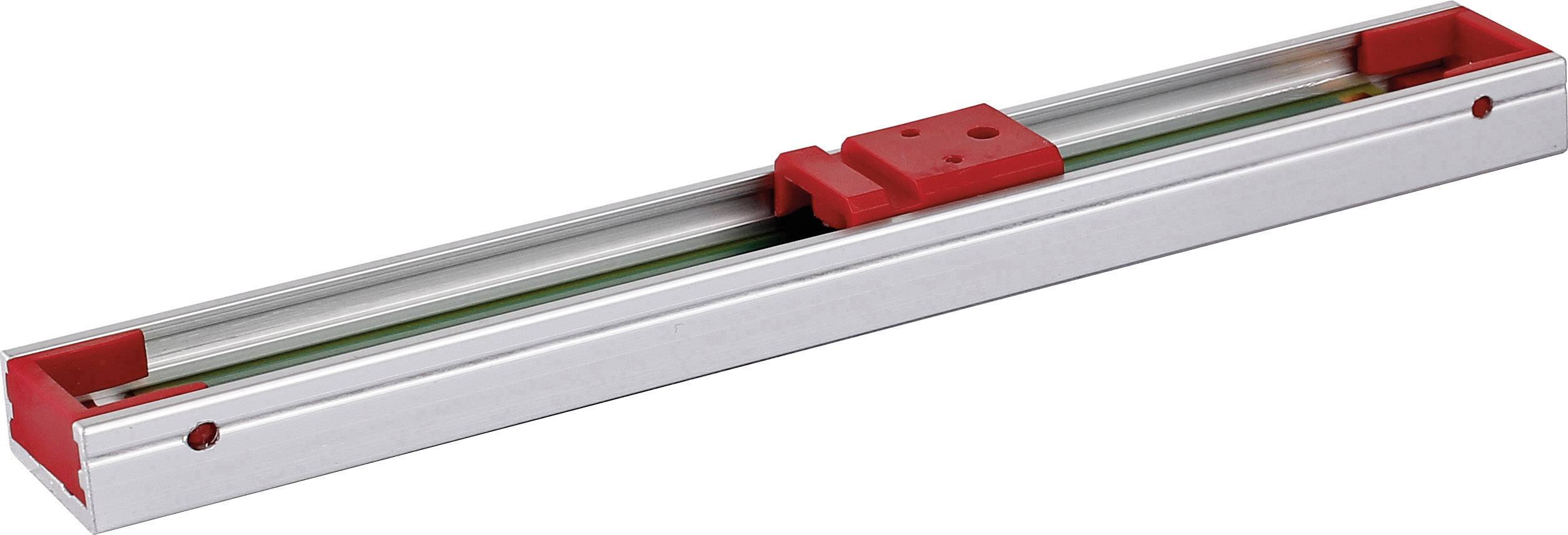 Linear encoder in a rectangular aluminium housing with red plastic end caps, for precise position measurement.