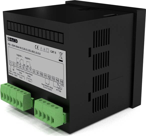 A black electric device with green ports at the front. Label shows technical specifications on top.