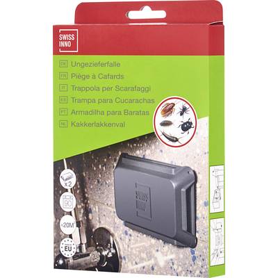 Package of a Swiss Inno cockroach trap showing images of cockroaches, the trap device, and text in six languages on the box front.