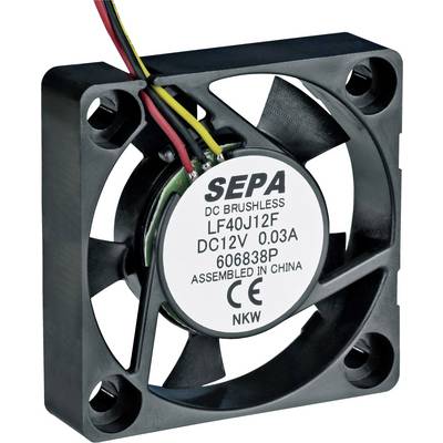 Small black fan with cables, shows the label 'SEPA DC Brushless, LF40J12F, DC12V, 0.03A, 606838P, Assembled in China, CE, NK'.