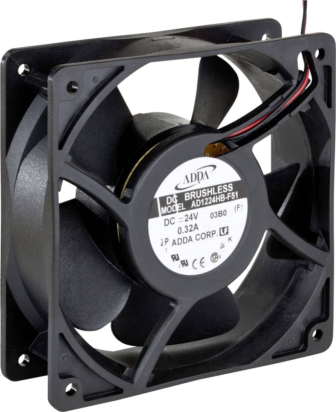 A black, square fan with the inscription 'DC BRUSHLESS MODEL AD1224HB-F51'. Fitted with red and black wires.