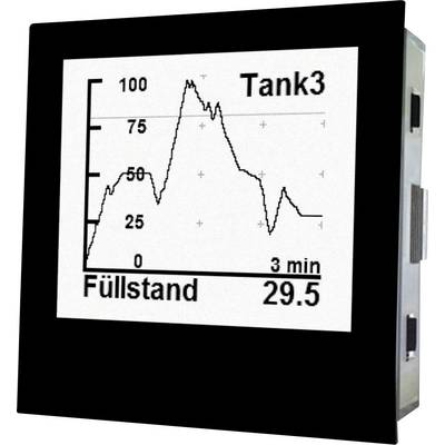 Graph on a screen shows the fill level in Tank 3. Y-axis: Percentage, X-axis: Time. Value after 3 minutes: 29.5%.