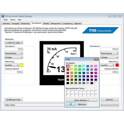 Application window 'TDE Instruments Digalox Manager'. Main display with analogue measuring instrument; colour configuration options; menu at the top.