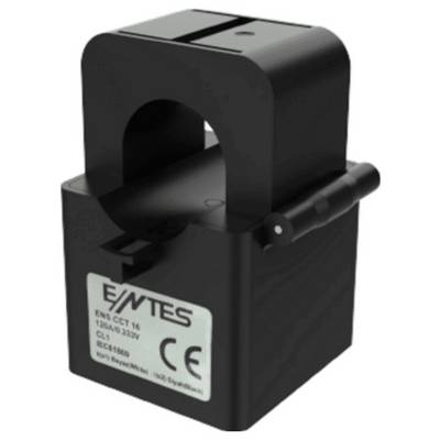 Black current transformer sensor with a clamp-style opening and label on the front<br>