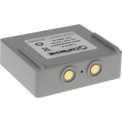 Grey, rectangular battery with two gold-coloured contacts and a label.