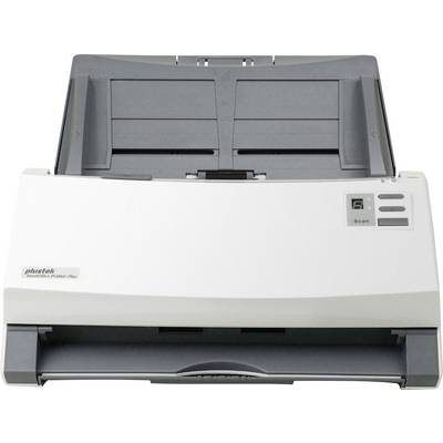A white scanner with grey accents, model number Plustek PS286 Plus, with two buttons on the right side and a paper tray on the top.