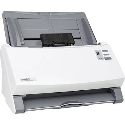A white, compact document scanner by Plustek with a document feeder on top and an output tray at the bottom.