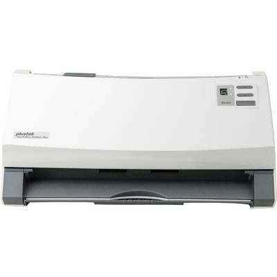 Scanner in a white casing by Plustek with a scan button and LCD display, suitable for document capture in the office or at home.