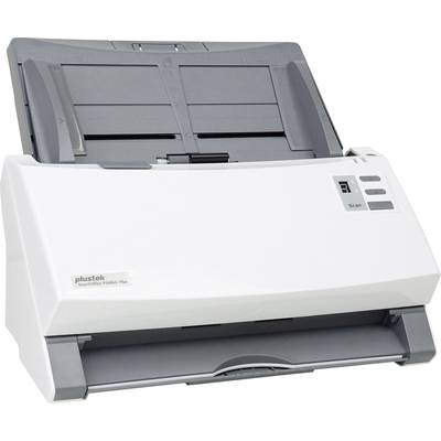 A white document scanner with an open paper feed and scan button.