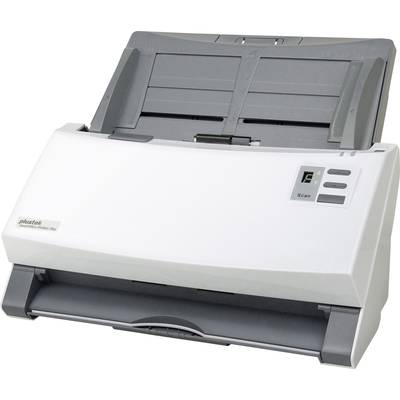 A white and grey document scanner with multiple control buttons and an integrated paper tray at the rear.