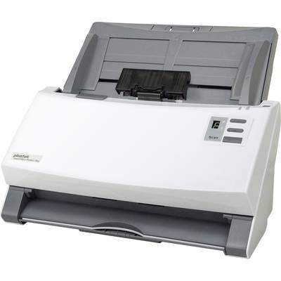 A white document scanner with grey accents. On the front, there are three buttons with symbols for power, scan, and error message.<br><br>Note: The translation is already in British English, as the text uses standard English spelling and terminology.