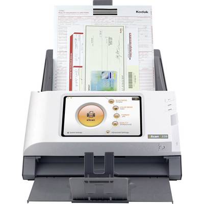 A document scanner scans a cheque and a form simultaneously. The display shows various scan modes.