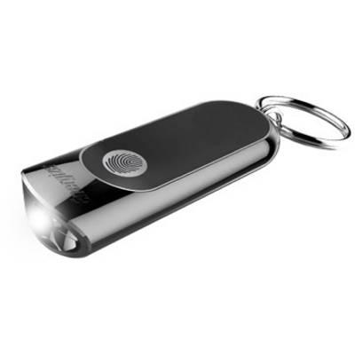 A silver USB stick with a fingerprint sensor and keyring.