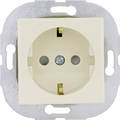 A beige socket in a metal mounting bracket, prepared for wall installation.