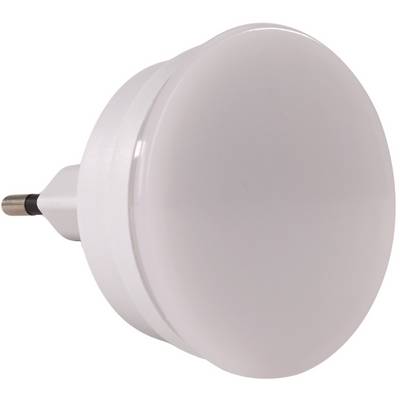 White, round night light with EU plug, suitable for socket, glows softly, ideal for hallways or children's bedrooms.