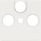 White cover with three rounded holes, labelled 'SAT', 'TV', 'R'. It is used for receiving coaxial connectors.