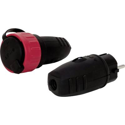 Two black connectors, one with a red cover, show different positions. They are intended for electrical connections.