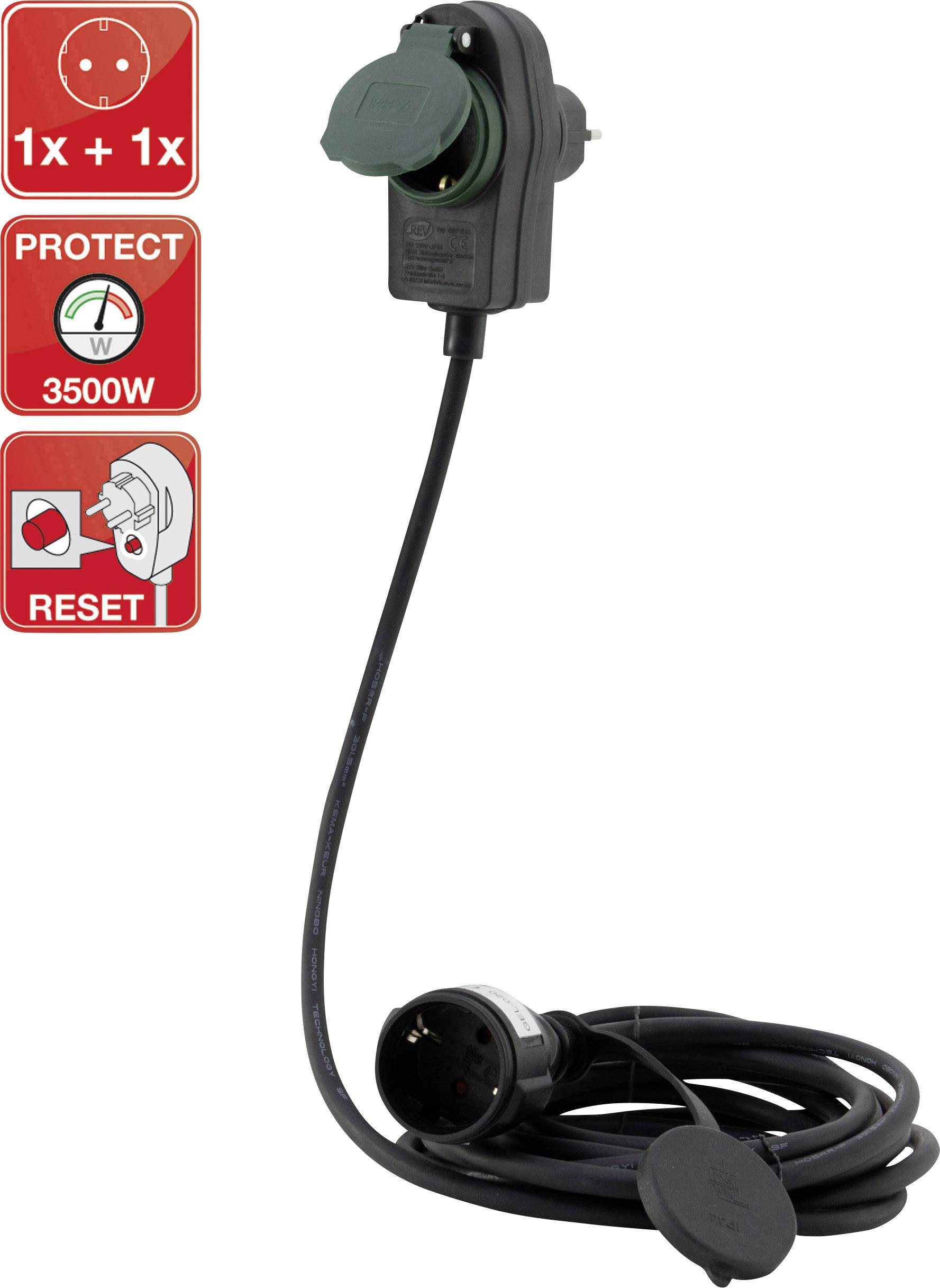 An electrical socket with a protective cover and long cable displays symbols for protective function, 3500W capacity, and a reset button.