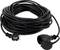 A long, black extension lead with a plug and socket, coiled and ready for use.