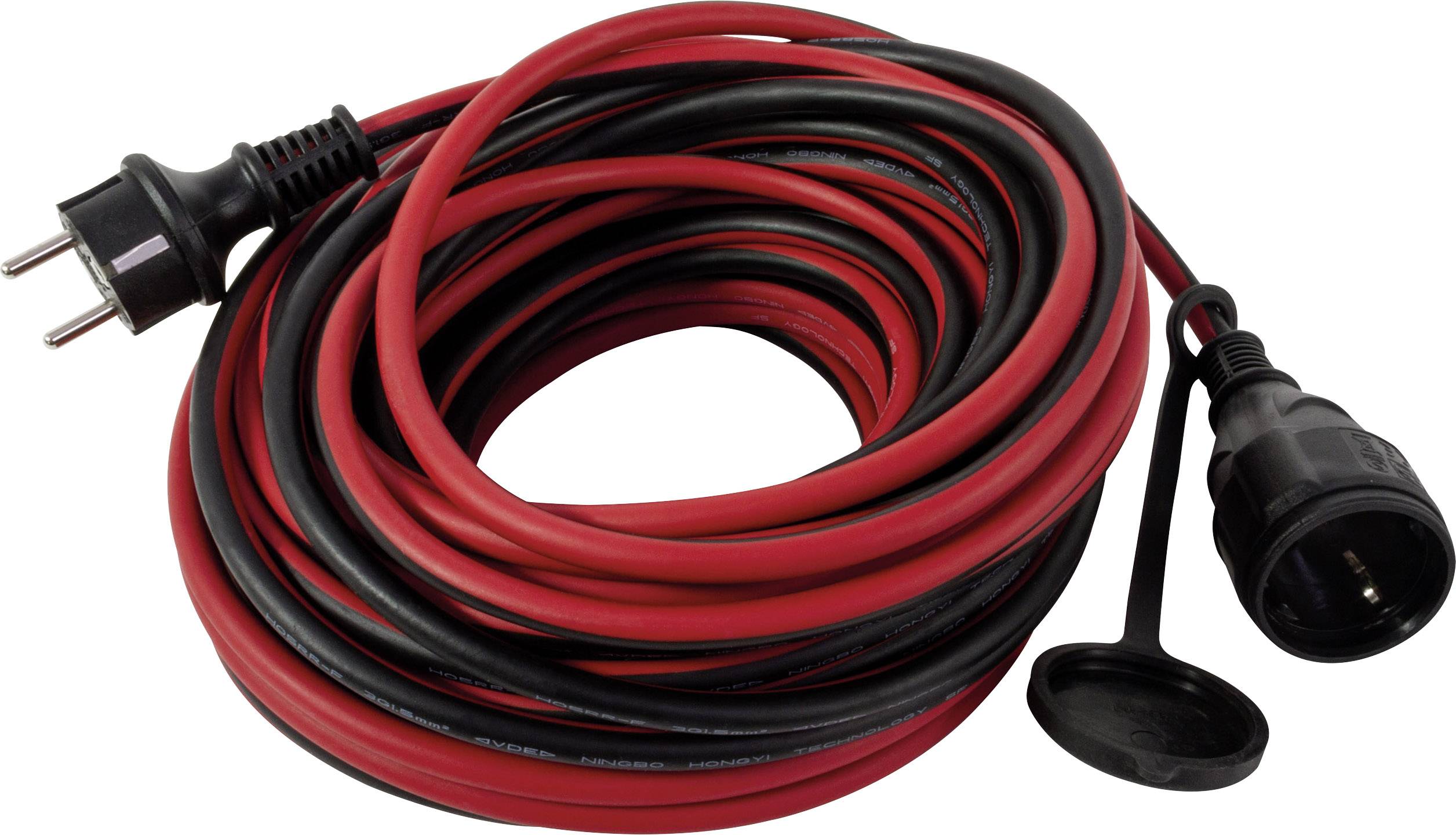 A coiled extension lead with a Schuko plug and socket, red and black outer sheathing, suitable for outdoor use.