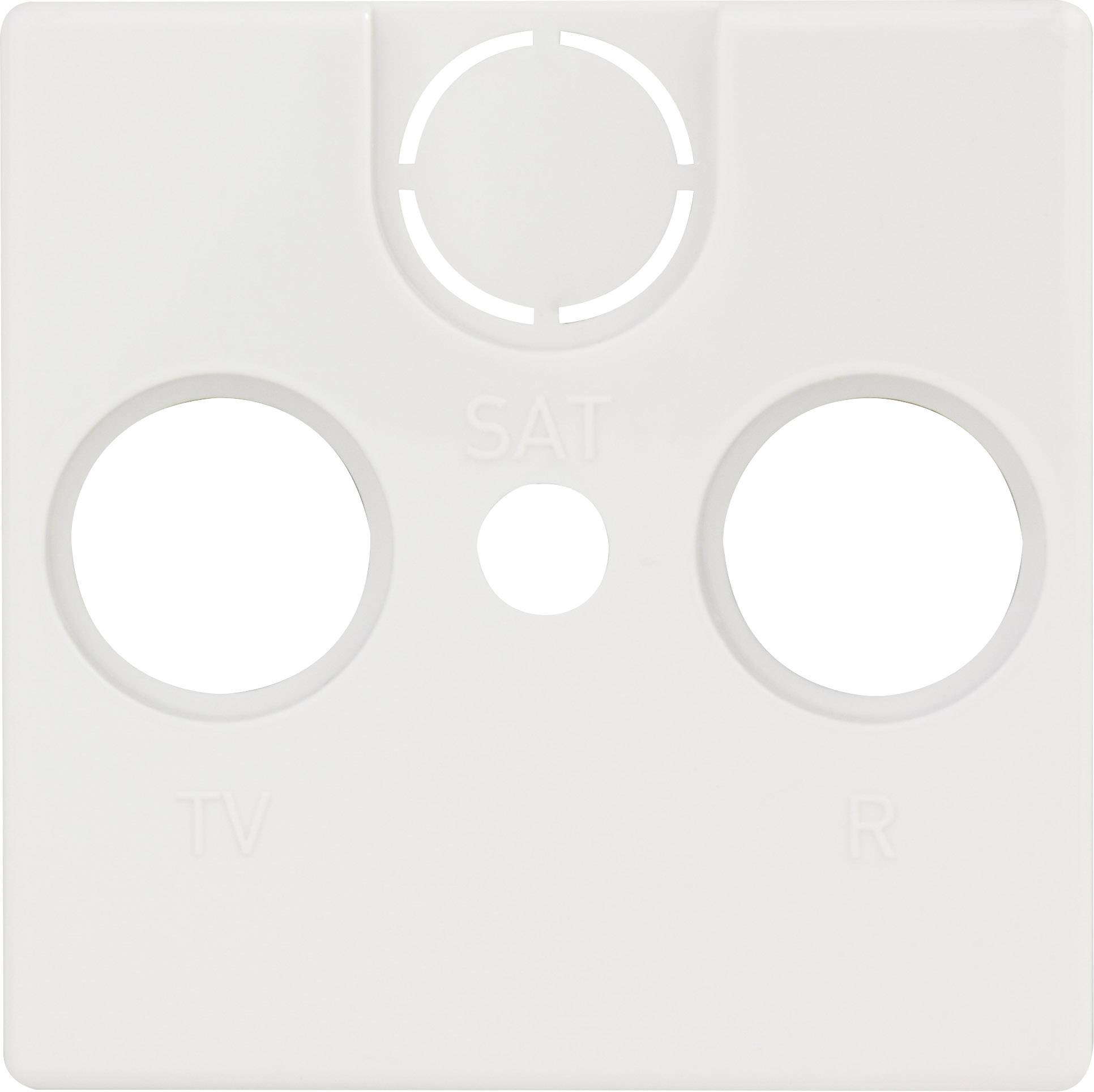 White plastic cover for a socket box with three openings, labelled 'SAT', 'TV', and 'R'.
