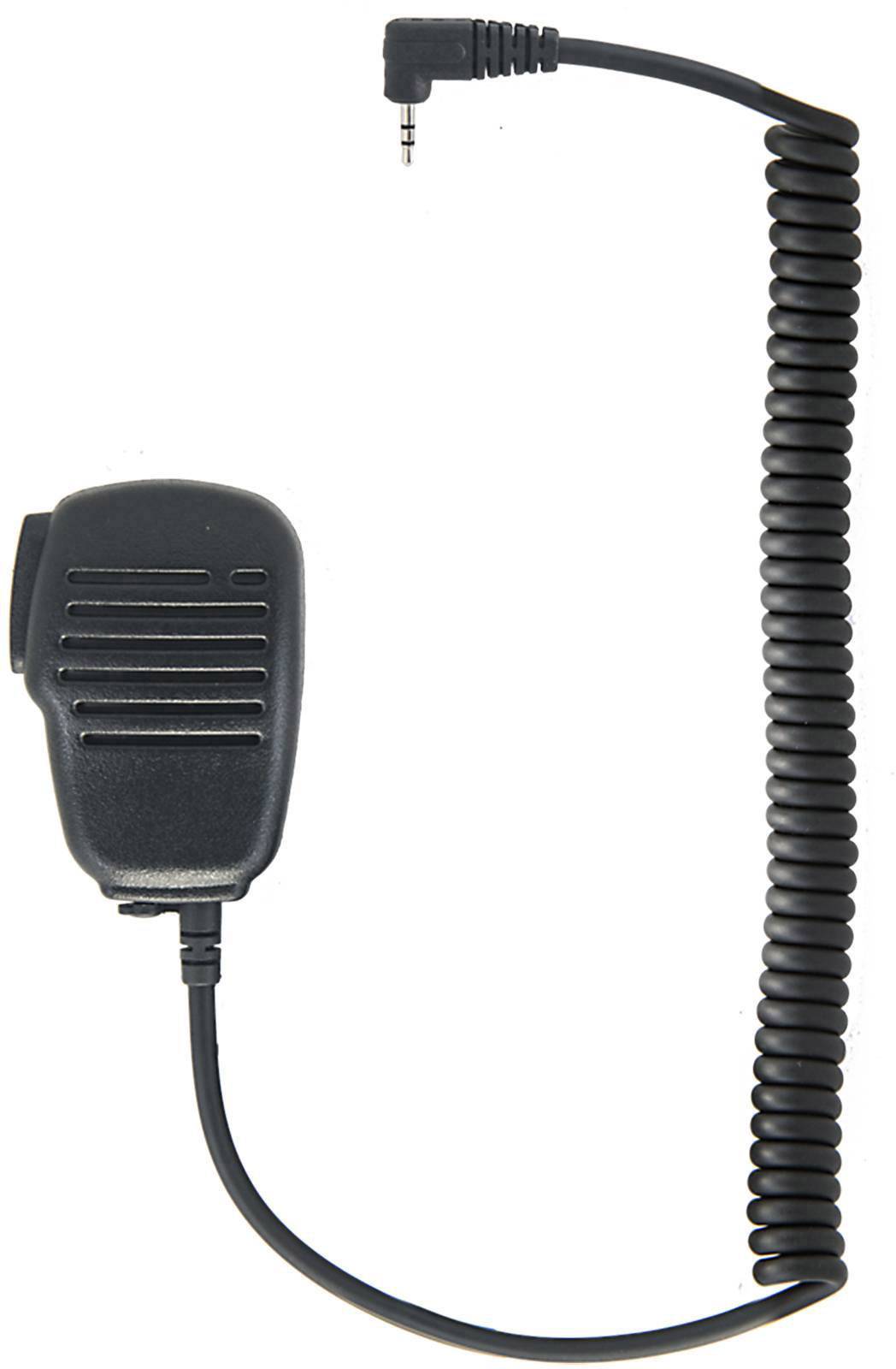 Hand microphone with long, spiral-shaped cable, suitable for radio equipment.