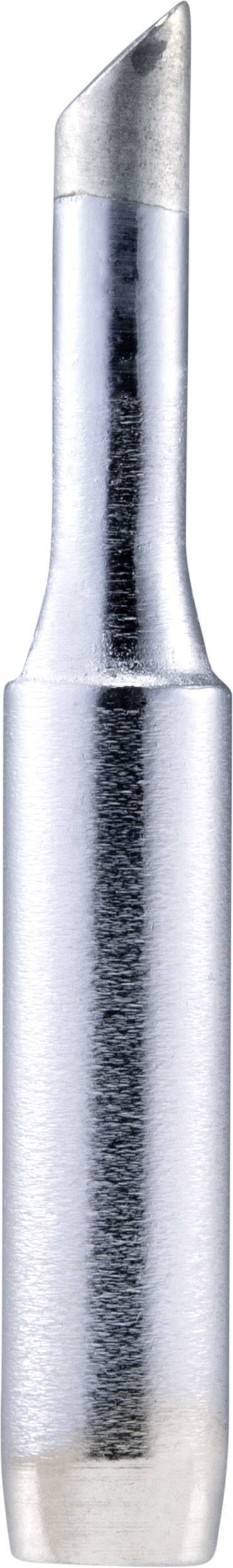 A silver soldering iron tip with an angled point, used for precise soldering of electronic components.