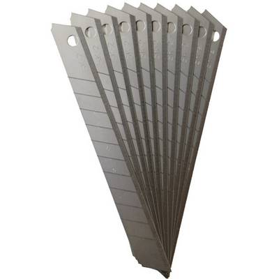 A fan of nine trapezoid replacement blades with a sharp cutting edge and a hole for attachment, partially overlapping.