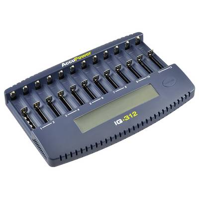 Battery charger with 12 slots and digital display; Brand 'AccuPower', Model 'IQ-312'.