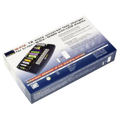 A packaging for a fast charger with an LCD display for 12 batteries of various types, pictured with example batteries in the device.