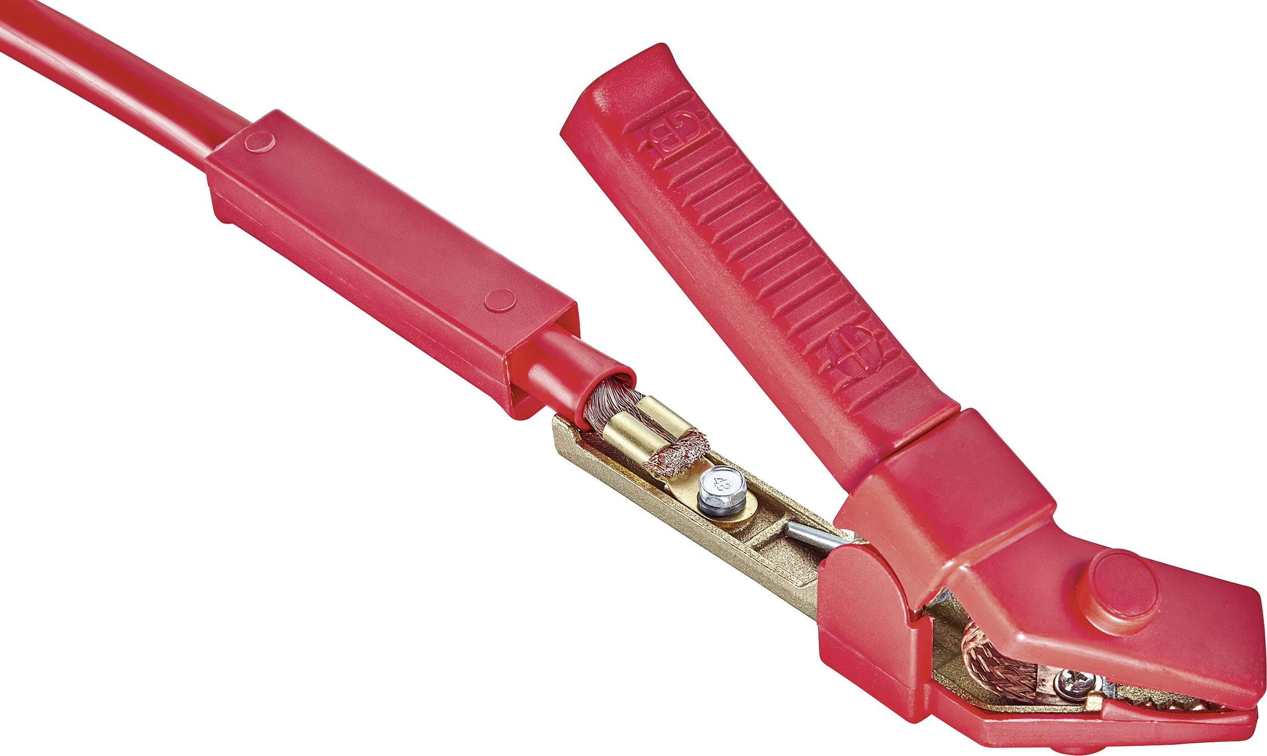 Red jump leads with metal clips, open, primarily used for jump-starting car or lorry batteries.