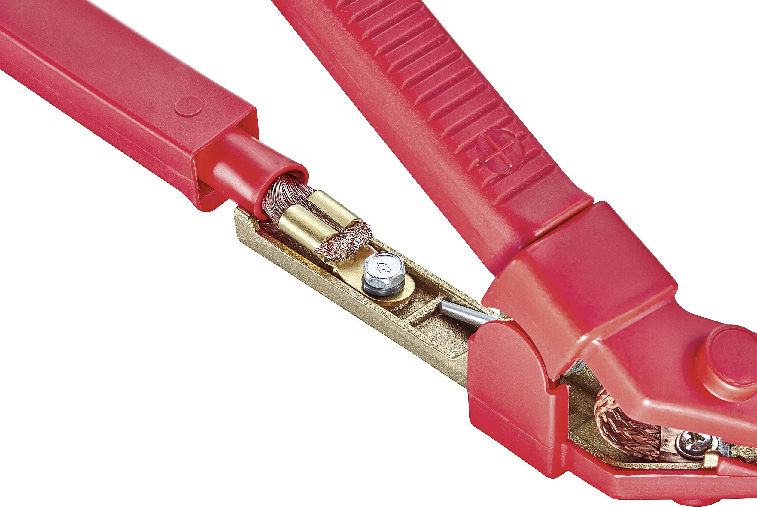 Close-up of a red pliers with visible screw mechanism. Shows the details of the connection and insulation.